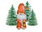 Gnome in Christmas forest with lantern. Gnome in funny red cap with fir trees. Cute holidays gnome for New year greetings card or