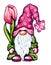 Gnome in a crimson cap and a green cloak holding a large pink tulip flower