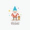 Gnome fantastic character with hand lamp with costume and colorful sparks and stars on white background