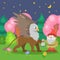 Gnome and griffin mythological characters in fairytale cartoon forest vector illustration.