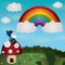 gnome sitting on mushroom house and watching rainbow. Vector illustration decorative design