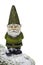Gnome standing on snow covered mossy branch with isolated background