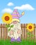 Gnome with Sunflowers. Little summer garden gnome in funny hat. Cute holidays elf with flowers for greetings card