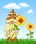 Gnome with Sunflowers. Little summer garden gnome in funny hat. Cute holidays elf with flowers for greetings card