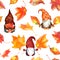 Gnomes, autumn leaves watercolor seamless pattern. Scandinavian dwarfs in pointed hats in fall. Cute repeating