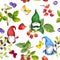 Gnomes in berries field with butterflies. Beautiful seamless pattern with summer plants, dwarf. Natural watercolor
