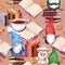 Gnomes, books, tea cups. Cozy watercolor seamless pattern about hugge