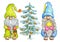 Gnomes with Christmas Tree. Watercolor. Little gnomes in funny hats with Cristmas star and flashlight. Aquarelle holidays elves