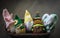 Gnomes crocheted from multi-colored threads. Home decoration for the holidays. Soft toy for children.