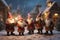 Gnomes dressed in festive attire singing Christmas carols around a snowy village
