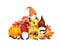 Gnomes family autumn harvest basket. Thankgiving iilustration with sunflower, pumpkin, maple leaves, fruits, vegetables