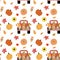 Gnomes in red truck, autumn vegetables, leaves. Vector seamless pattern