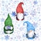 Gnomes with snowflakes in hands. Seamless pattern with snow. Winter flakes, watercolor christmas gnome, dwarves repeated