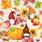 Gnomes in Thanksgiving - pumpkin, sunflowers, autumn leaves, vegetables. Thanks giving watercolor seamless pattern