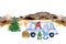Gnomes in trailer in mountain travel. Outdoor family activity, summer local tourism watercolor