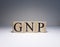 GNP ,Gross National Product, sign on wooden cubes. Clse up.