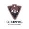 Go camping logo template, retro mountain adventure emblem design with mountains, tent and deer head. Unusual vintage art style