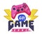 Go Game Zone Logo, Joysticks Gamepad with Slogan Text Print Cartoon Vector Illustration