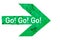 `Go! Go! Go!` text written on a green arrow direction sign with polished stone texture with imperfections and cracks