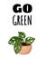 Go green banner. Monstera potted succulent plant postcard. Cozy lagom scandinavian style poster