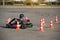 Go-kart competitions, go-kart driver drives a kart, close-up, rushes to the finish, winner, championship