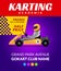 Go kart race background poster. Karting race car cartoon helmet driver sport backgorund