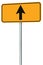 Go straight ahead route road sign, yellow isolated roadside traffic signage, this way only direction pointer perspective