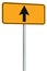 Go straight ahead route road sign, yellow isolated roadside traffic signage, this way only direction pointer perspective, black