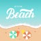 Go to the beach hand lettering on sea and sand background with umbrella deckchair.