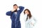 Go to bed. All day pajamas. Sleepy people white background. Couple in love bathrobes. Drowsy and weak in morning