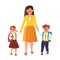 Go To School, Woman Lead Pupil Boy And Girl Vector