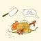 Go vegan. Thanksgiving turkey bird runs away from the ax on color symbol illustration