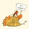 Go vegan. Thanksgiving turkey bird sits in a cage and protests on color illustration