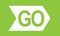 GO white word text written on top of direction arrow pointing right ahead on green background as motivational message logo banner