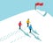 Goal 2019 concept achieving reach the target, three men walking in snow up to hill, footsteps and shadows with red flag sign text