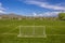 Goal nets and markings on a soccer field with houses and trees in the distance