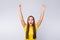 Goal Photo of cheerful crazy sports fan lady raise fists supporting players screaming wear favorite football team yellow