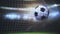 Goal a soccer ball flies into the goal against the background of stands and camera flashes. Animation of sports games