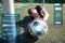Goalkeeper with ball at football goal on field