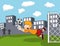 Goalkeeper catch the ball on the field with city background cartoon