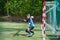 Goalkeeper catches the ball. Stadium goalie sports play ground game, grass soccer keeper man, outdoorsc ompetition,