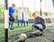 Goalkeeper missed ball into the goal. Young teen soccer game