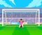 Goalkeeper training at gates. Vector illustration of goalkeeper exercising abdominal at the gates on soccer field.