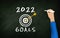 Goals 2022 target Symbol on chalkboard. Hand drawing On Green chalk board. business Goals in 2022. New Year Goal Concep