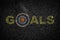 Goals. Word on the asphalt road. Target. The concept of achieving goals. Business.