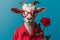 A goat dressed in a red shirt and bright heart shaped glasses holding a red rose.