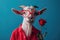 A goat dressed in a red shirt and bright heart shaped glasses holding a red rose.