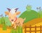 Goat and frog in hill wooden fence plants farm animal cartoon
