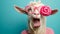 A goat with glasses and pink sweater holding a lollipop, AI