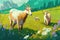 Goat grazing on a colorful meadow with flowers, illustration AI